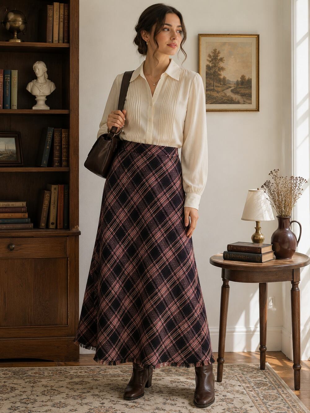 Carlucci Plaid Tweed Midi Skirt Size 10 Dark Academia Fringe Hem
